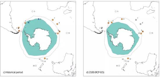 左图为1981-2005年的情况，右图为2100年的预测情况。图中蓝色阴影区域表示南极海冰的范围，虚线表示锋面的位置，不同数字代表南极大陆周围的不同岛屿。岛屿的不同颜色的意义如下：橙色表示可以作为企鹅的栖息地；灰色表示距离锋面太远，无法作为栖息地；白色表示岛上没有企鹅；蓝色表示岛上太寒冷，不能作为栖息地。图中8号岛屿代表科雄岛所在的克洛泽群岛，我们可以看到，目前该群岛适宜王企鹅生存，但是到本世纪末，该岛屿就不再适宜王企鹅生存。图片来源：参考文献[6]